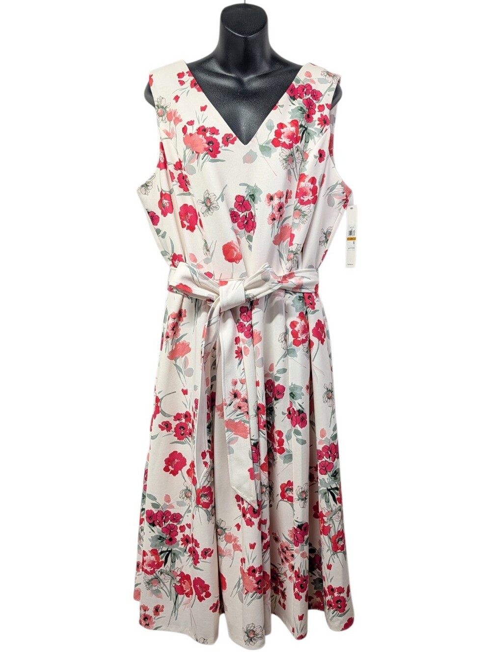 Calvin Klein Womens Plus Size 16W Sleeveless VNeck Floral Belted Midi Dress NWT